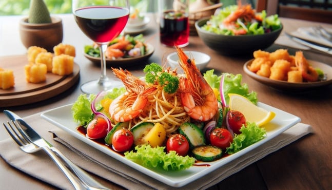 Fried prawn salad with wine