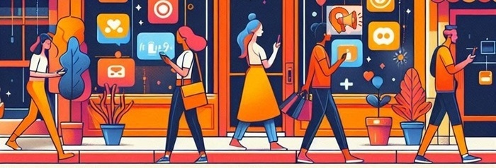 “A vibrant, modern city street scene with diverse small businesses displaying colorful window sticke (1)-1