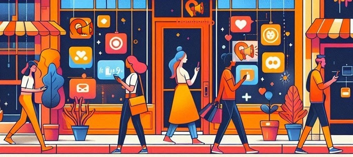 “A vibrant, modern city street scene with diverse small businesses displaying colorful window sticke (1)